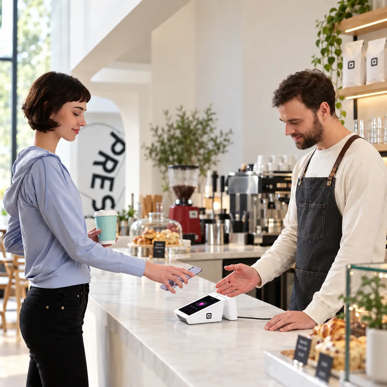Paiement sans contact sur un terminal PAX A8500 installé sur un comptoir